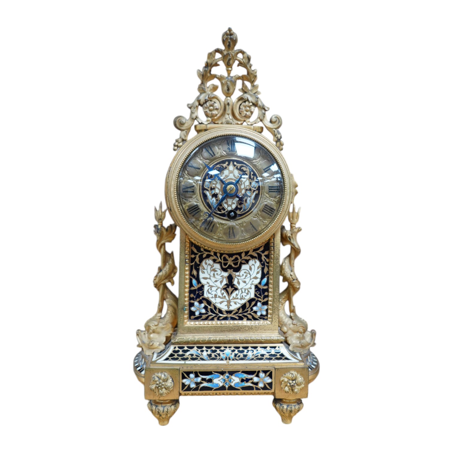 A French champleve mantle timepiece, with balance escapement, 27cm high. Condition - fair to good.